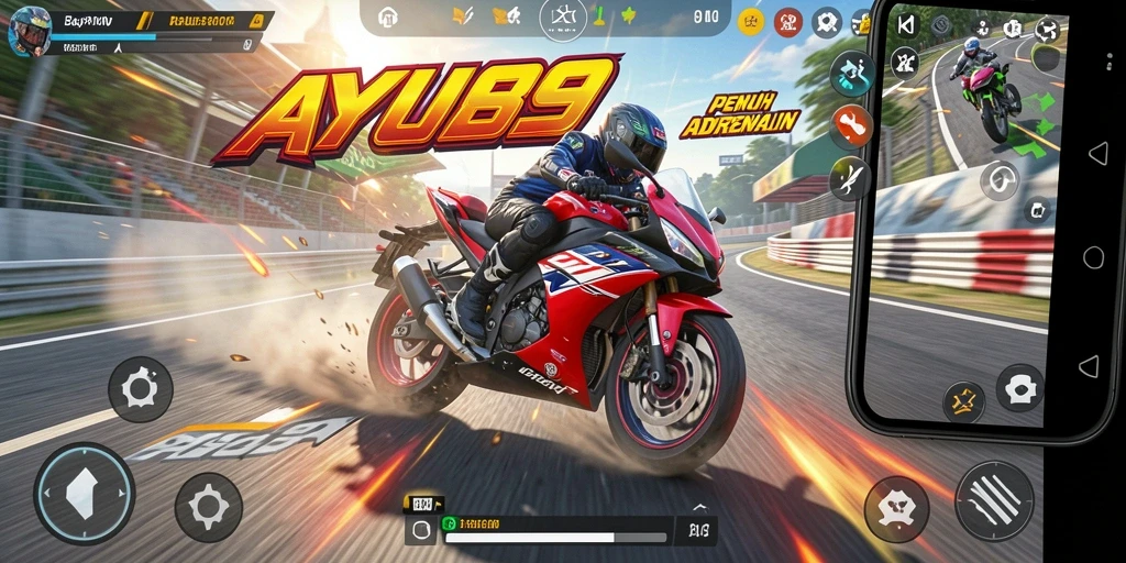 Screenshot utama AYU89 menampilkan aksi balapan motor yang mendebarkan.