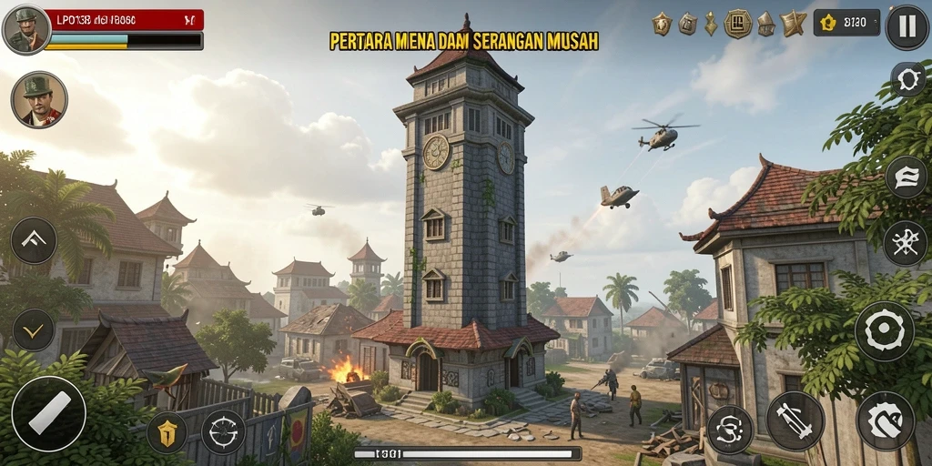 Gameplay LPO138 Tower Defense menampilkan berbagai strategis menara melawan serangan musuh.
