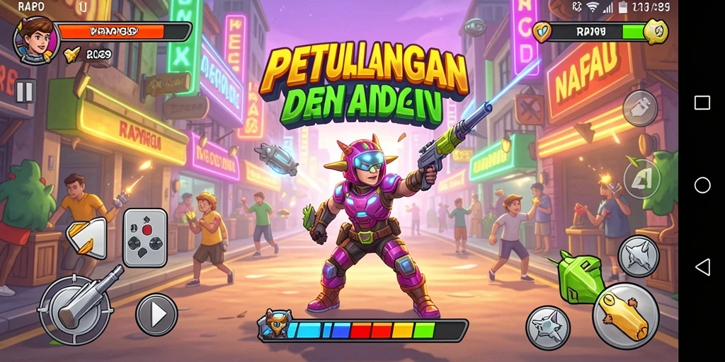Tampilan gameplay seru RAP89 dengan aksi yang dinamis dan warna cerah.