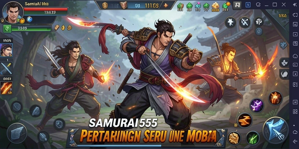 Screenshot gameplay SAMURAI555 yang menampilkan pertempuran seru.
