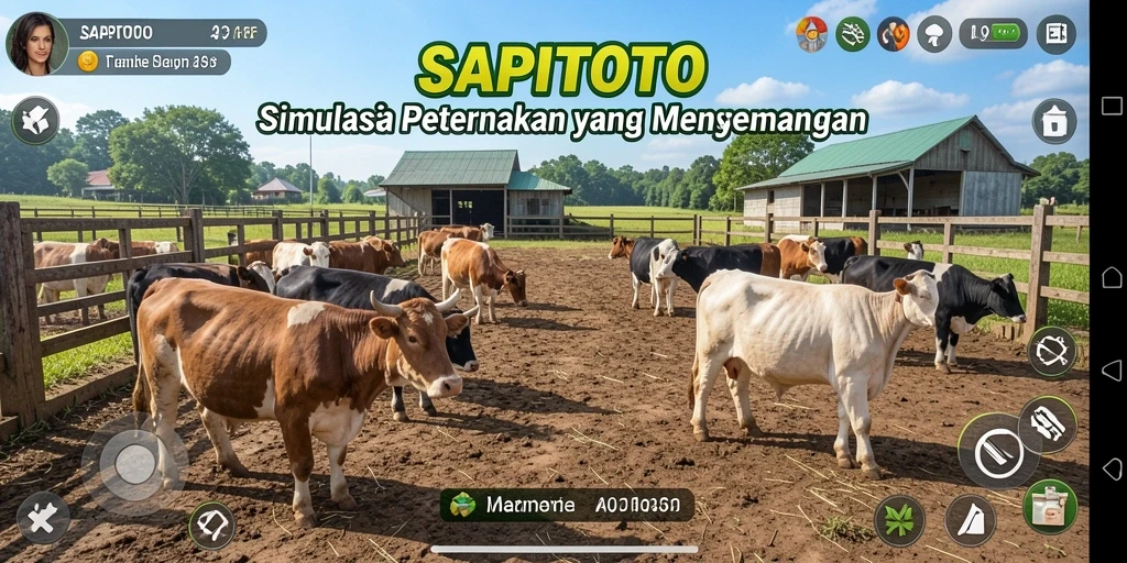 Gameplay SAPITOTO yang menampilkan aktivitas bertani dan merawat hewan.